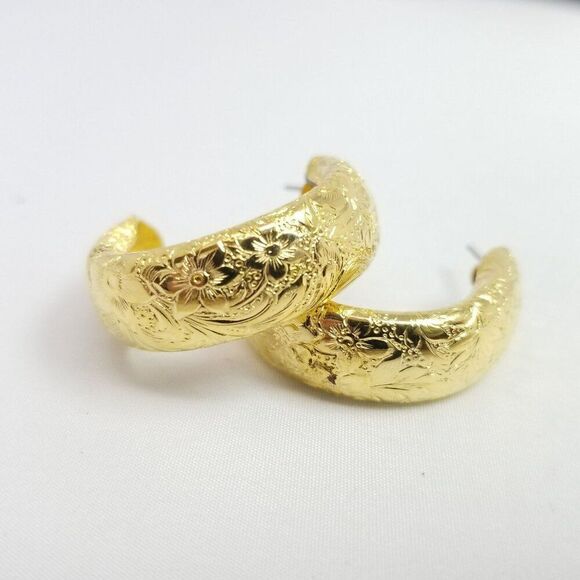 Vintage Gold Tone Hoop Earrings, Floral Design Textured, Studs, Nice Size - Picture 2 of 7